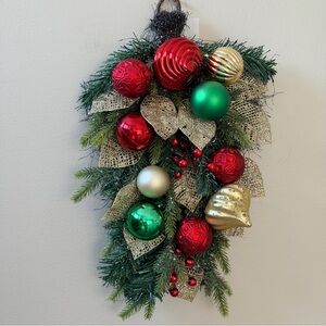 Festive Holiday Teardrop Swag with Red, Green, White and Gold Ornaments